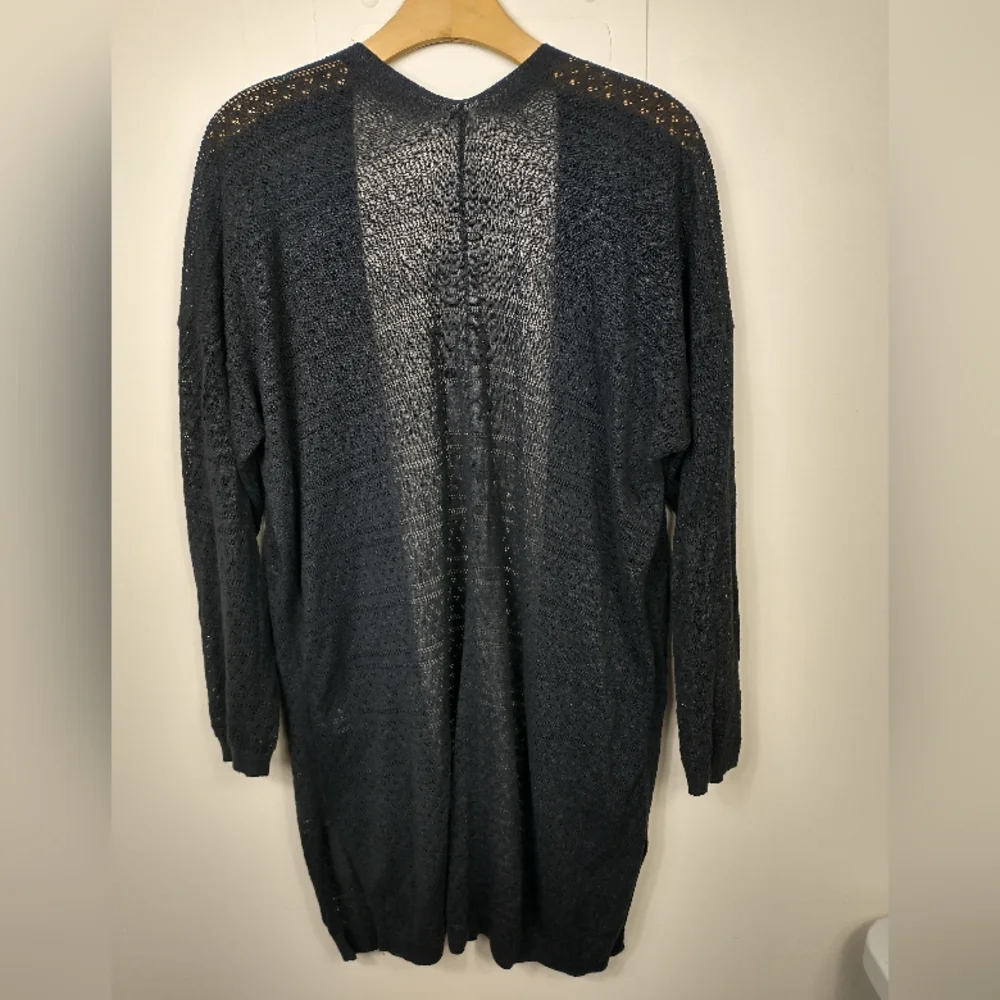 Uniqlo Womens Cardigan Sweater Black XL Linen Blend Open Front Knit Eyelet Long - Picture 2 of 8